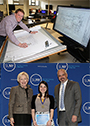top picture: man poses while looking at blue prints. Bottom picture: Mary poses with SUNY Chancellor and Alfred State Vice President