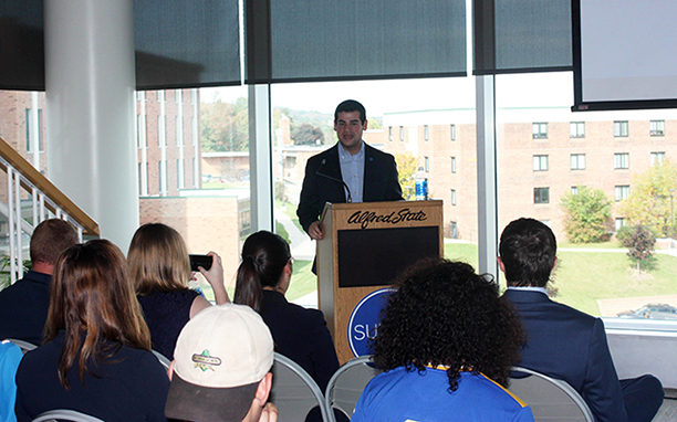 Marc Cohen, president of the SUNY Student Assembly, speaks at Alfred State about the importance of the Maintenance of Effort bill.