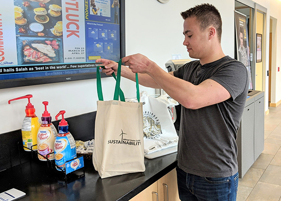 Peter York is pictured with one of the reusable bags 