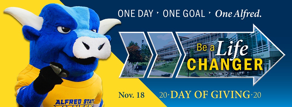 One day. one goal. one alfred. be a life changer. Nov. 18. Day of Giving. Big Blue Ox.