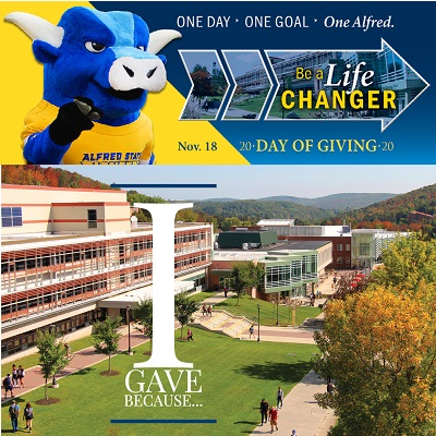 One day. one goal. one alfred. Be a life changer. Nov. 18. Day of Giving. Big Blue Ox. I gave because... Scenic view of campus.
