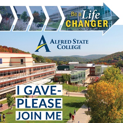 Be a Life Changer. Alfred State College. I gave. Please join me. Scenic view of campus.