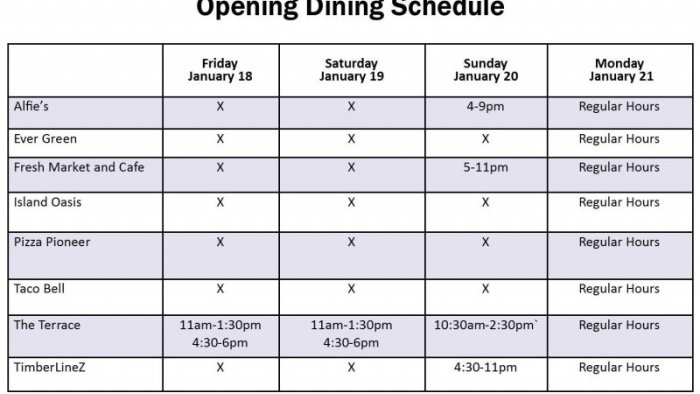 Spring 2019 Opening Dining Schedule